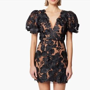 Elliatt Rosalind Black 3D Floral Applique Puff Sleeve Mini Dress Women XS